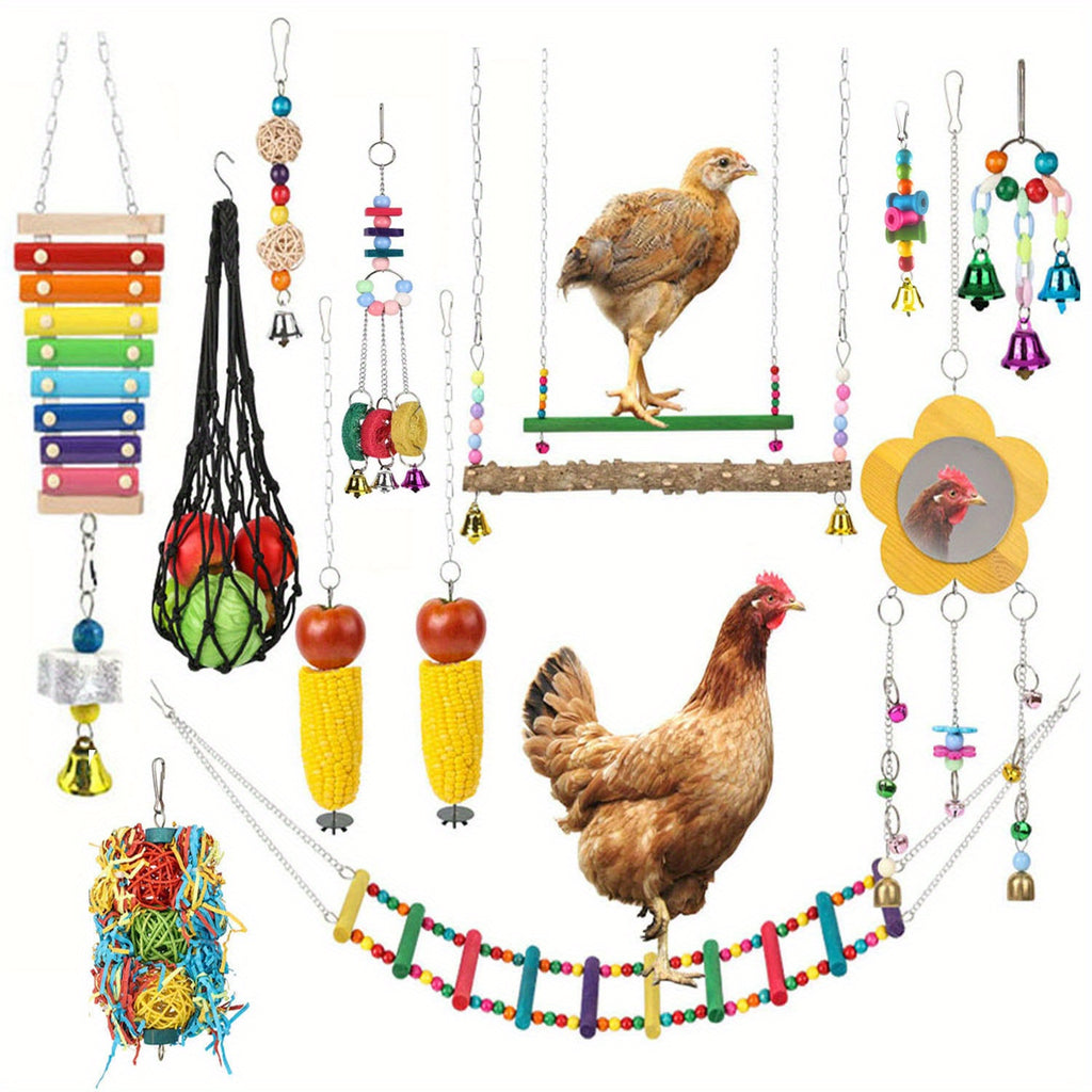 Chicken Enrichment Toys with Xylophone, Mirror, Ladder Bridge and Swing, 5 or 9 Piece Hanging Coop Accessory Sets for Backyard Hens and Poultry Play