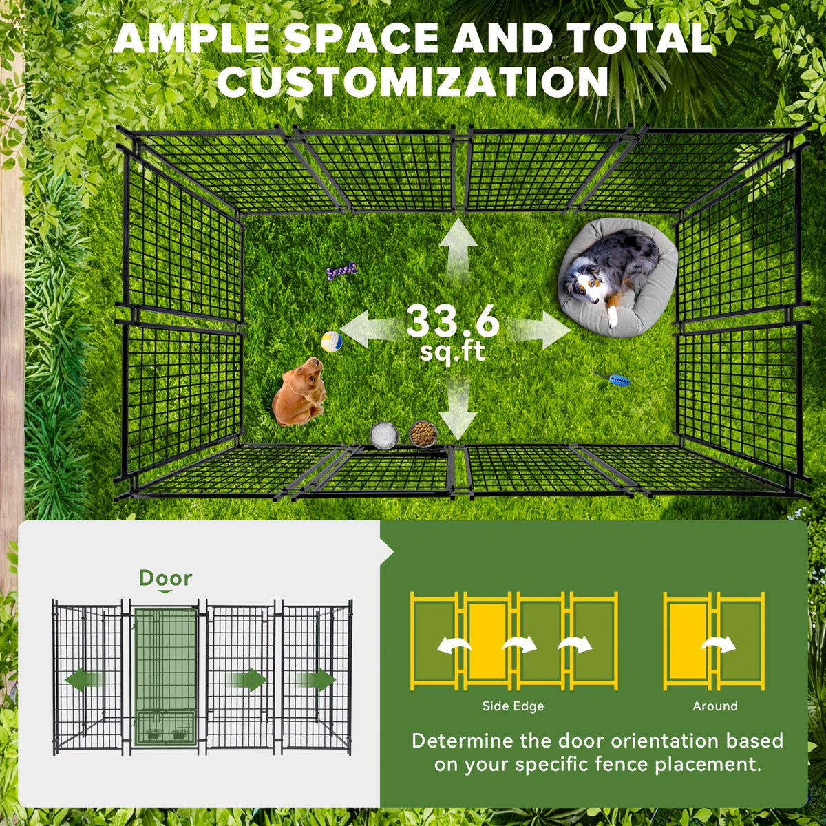 Outdoor Dog Kennel with Rotating Bowls, Heavy-Duty Welded Steel Dog Run with Secure Lock and UV-Resistant Roof, Three Sizes for Backyard Use