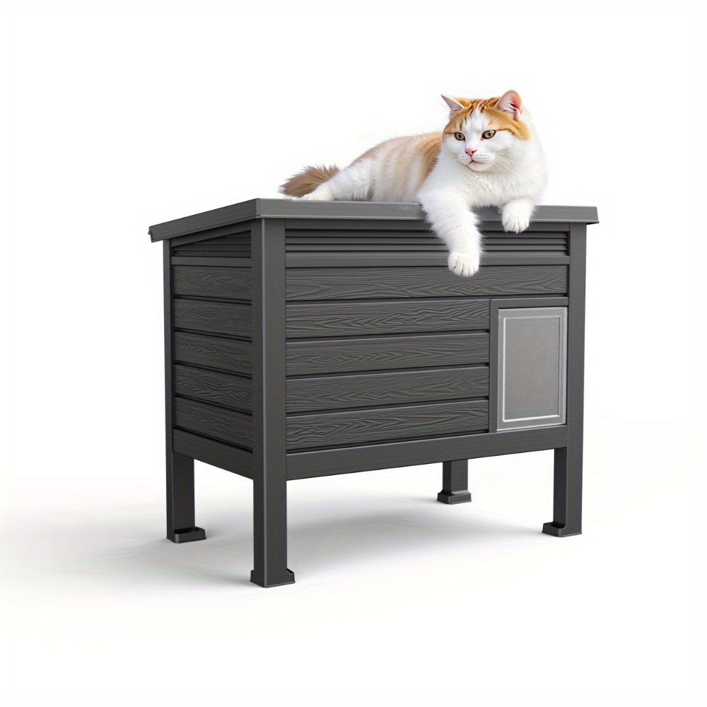 Cat House with Openable Doors, Black Resin Indoor and Sheltered Outdoor Cat Shelter, Easy-Clean Resting Space, 31.02 x 19.09 x 26.73 Inches