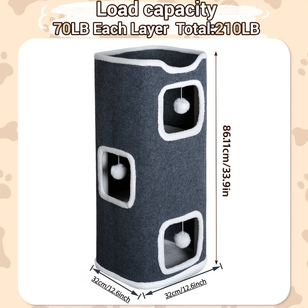 Cat Tree with Three-Layer Foldable Tower, Indoor Cat Condo with Cozy Top Bed, Hanging Ball Toys and Scratch-Resistant Surface for Small Spaces