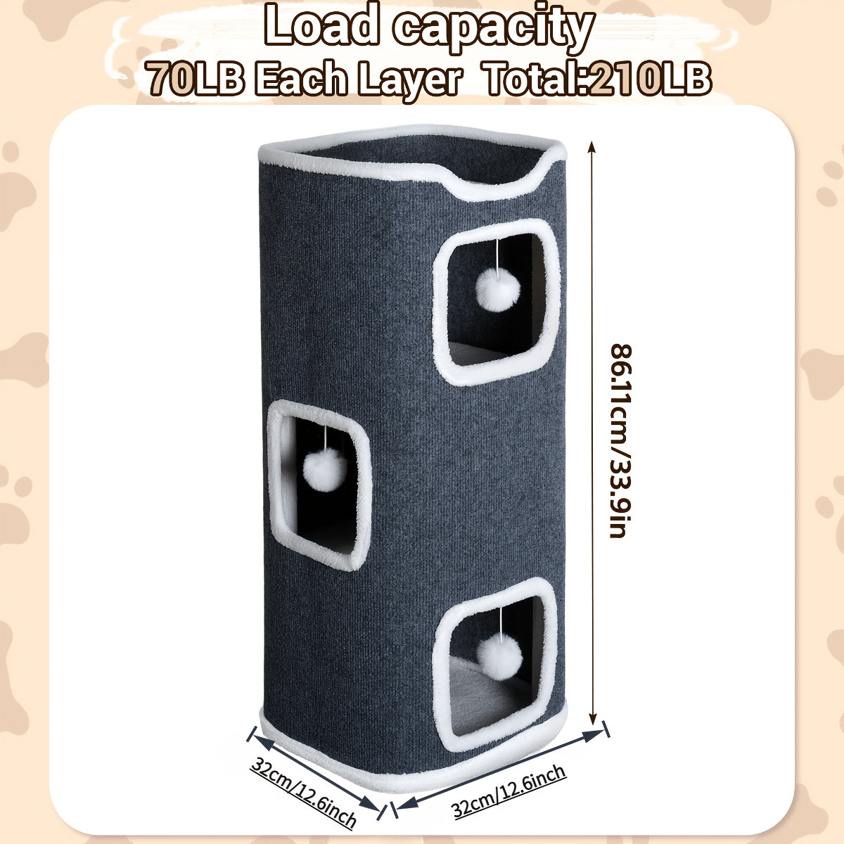 Cat Tree with Three-Layer Foldable Tower, Indoor Cat Condo with Cozy Top Bed, Hanging Ball Toys and Scratch-Resistant Surface for Small Spaces
