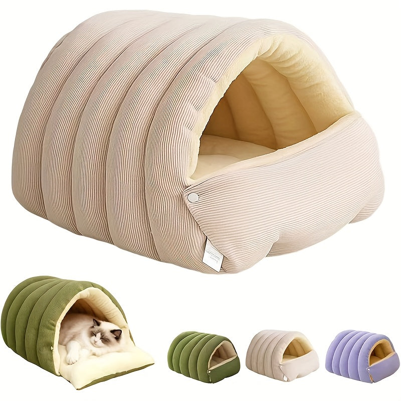 Cat Sleeping Bag Bed with Removable Cushion, Cozy Hooded Cave for Indoor Cats and Small Dogs, Ribbed Winter Hideaway in Beige, Green or Purple