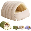 Cat Sleeping Bag Bed with Removable Cushion, Cozy Hooded Cave for Indoor Cats and Small Dogs, Ribbed Winter Hideaway in Beige, Green or Purple