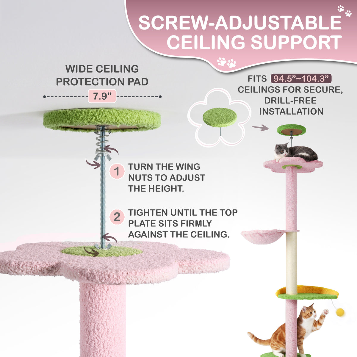 Floor to Ceiling Cat Tree with Hammock, Adjustable Cactus Cat Tower with Sisal Scratching Post, Faux-Fur Platforms and Interactive Playball for Indoor Cats