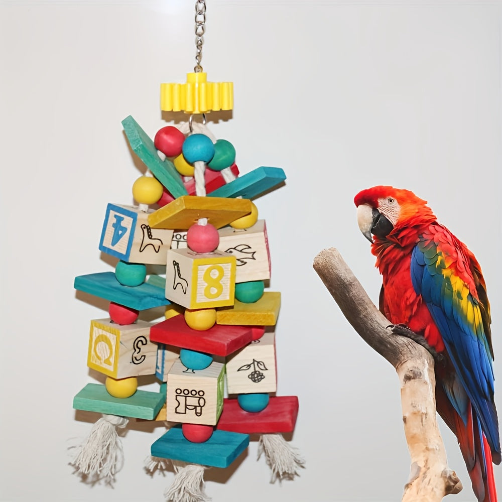 Wooden Parrot Activity Toy with Number and Letter Blocks, Colorful Hanging Bird Chew Toy with Beads and Rope Tassels for Medium and Large Birds