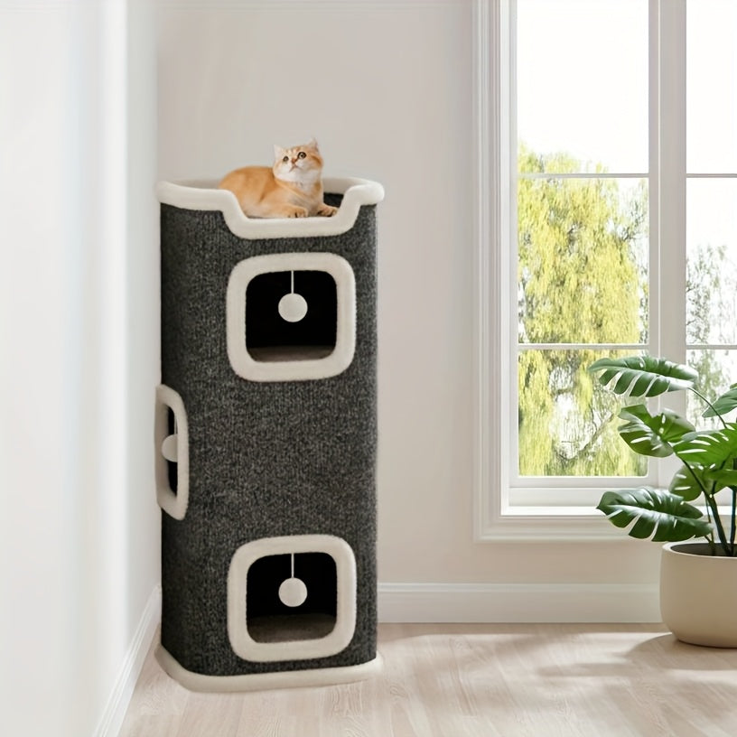 Cat Condo Tower with Foldable Design, Gray Indoor Cat Hideaway with Top Lounge, Detachable Panels and Scratching Surface, DC 13IN or 23IN-M Options