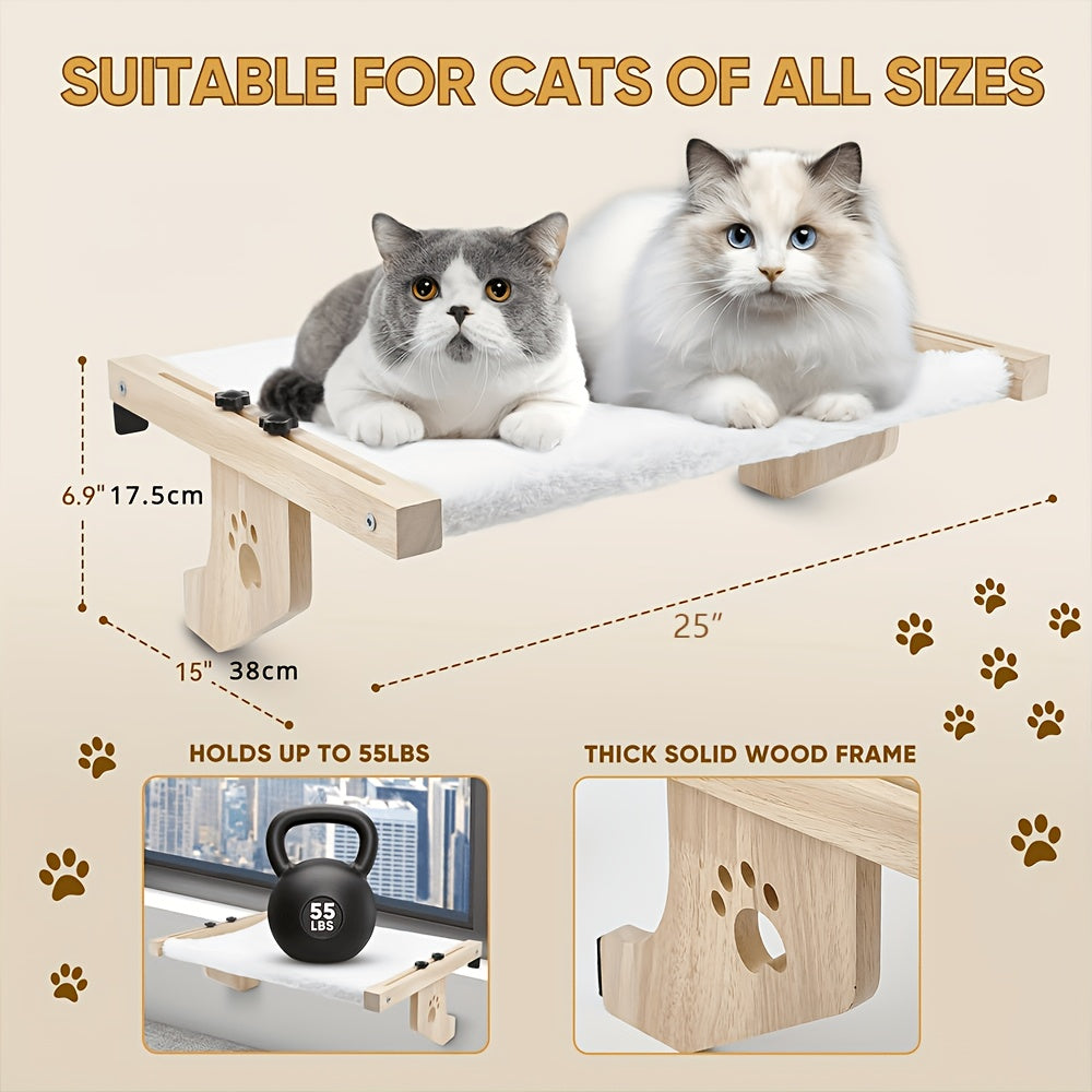 Cat Window Perch with Adjustable Wood and Metal Frame, Indoor Cat Hammock for Compatible Windowsills, Bedsides, Drawers and Cabinets