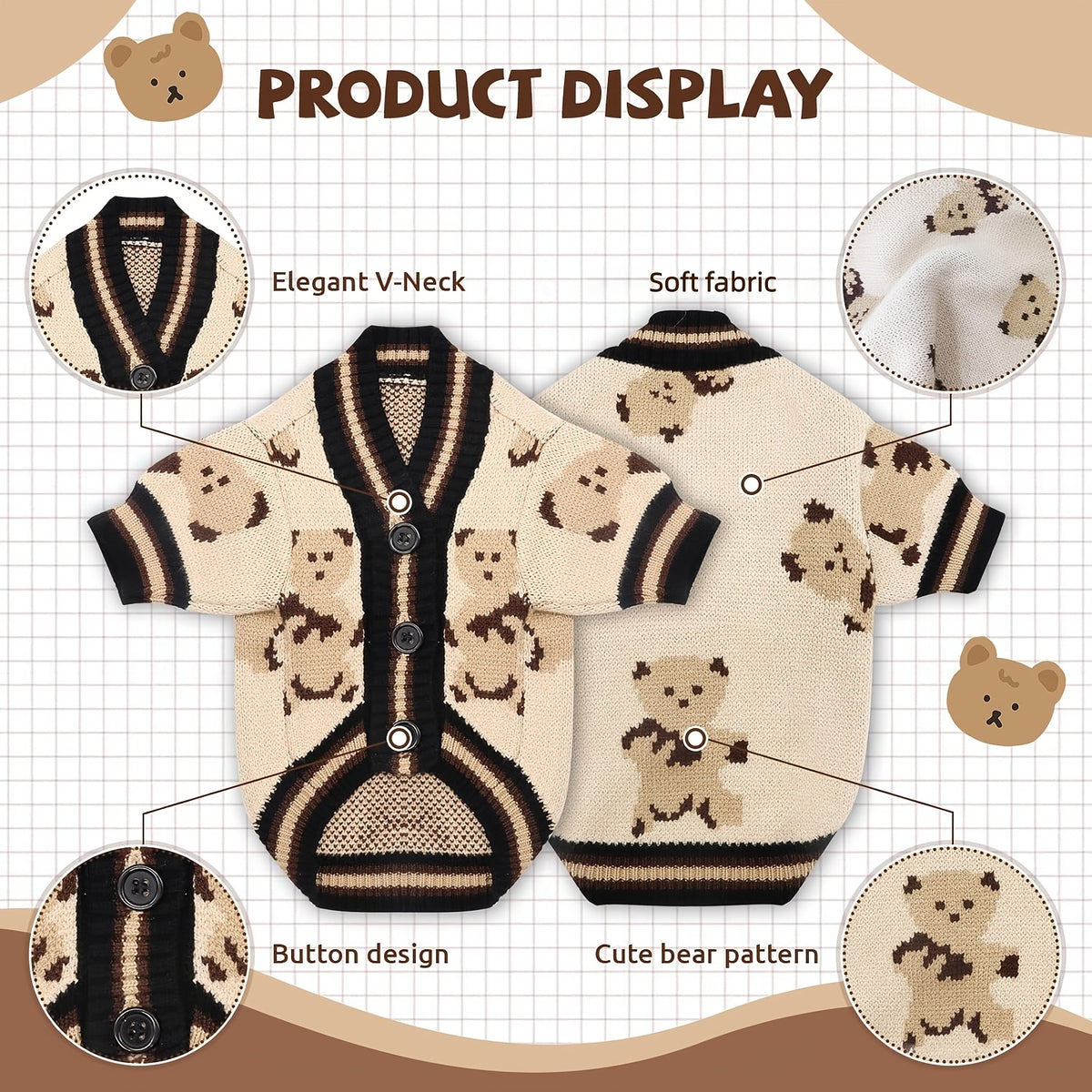 Bear Print Dog Cardigan Sweater with Button Closure, Beige Knit Pet Outfit with Contrast Ribbed Trim and Short Sleeves in M, L and XL Sizes