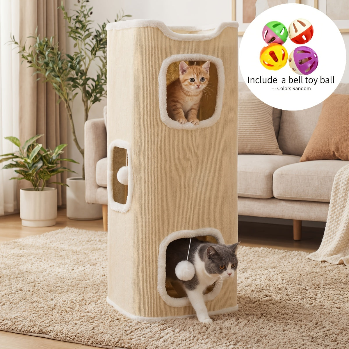 Cat Condo Cube Tower for Indoor Cats, Space-Saving Cat House Bed with Hanging Plush Ball, One to Three Stories in Beige, Coffee or Light Gray