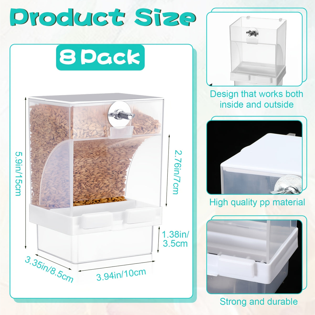 Gravity-Fed Bird Cage Feeder 8-Piece Set, Transparent Plastic Seed Dispensers with Mess-Reducing Design for Parakeets, Canaries, Cockatiels and Finches