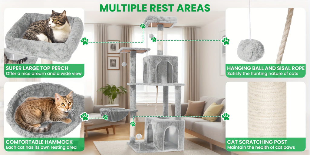 Cat Tree Tower with Condos and Hammock, TSCOMON Indoor Cat Furniture with Sisal Scratching Posts, Top Perches and Pompom Toys for Play and Rest