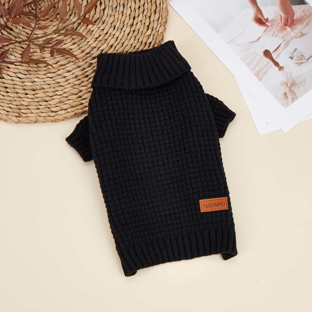 Black High Neck Pet Sweater with Ribbed Cuffs and Snap Buttons, Polyester Clothing for Dogs and Cats, XS M L XL XXL Options for Cool Weather
