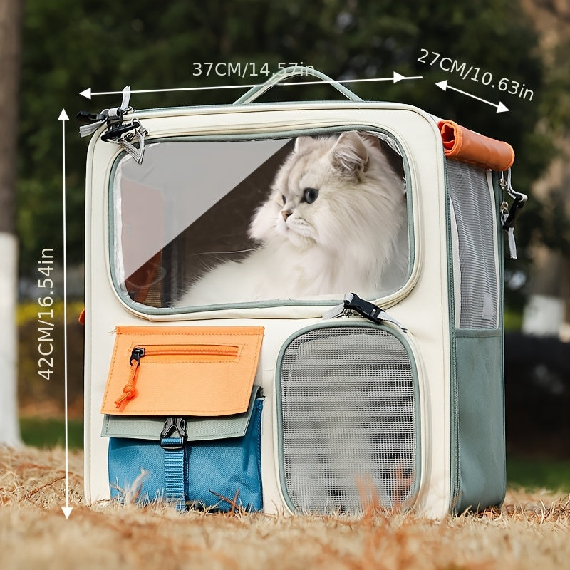 Cat Travel Backpack with Clear Viewing Window, Mesh Side Panels and Front Storage Pockets, Portable Pet Carrier in Green or Brown for Outings