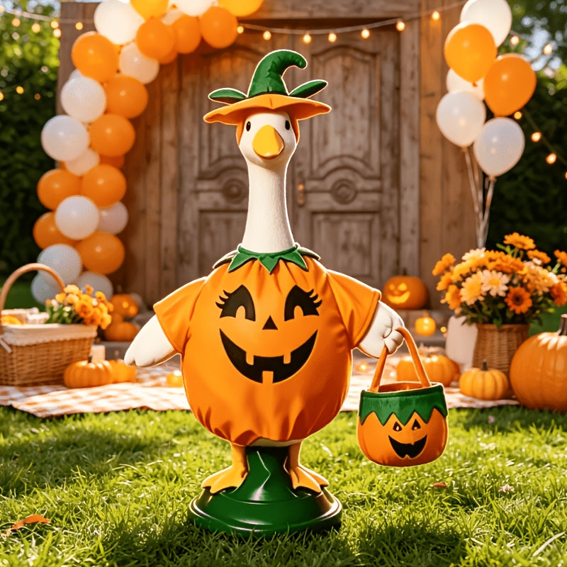 Porch Goose Pumpkin Costume for 23-Inch Decorative Goose, 3-Piece Halloween Outfit with Hat and Pumpkin Tote Bag for Fall Entryway Decor
