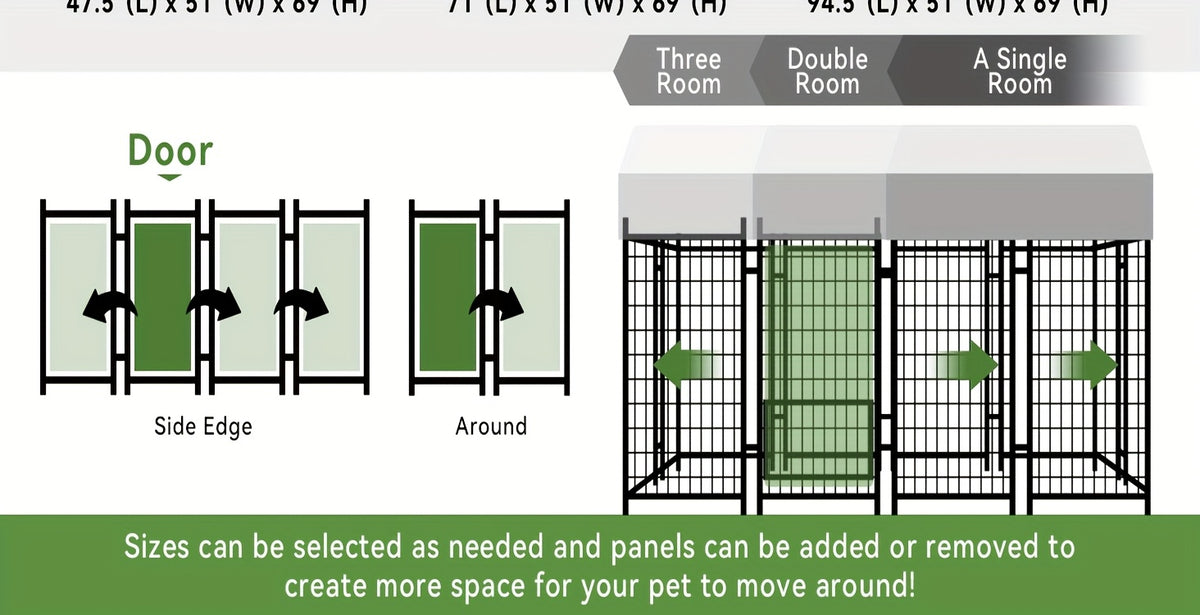 Covered Outdoor Dog Kennel with 2 Rotating Bowls, Welded Steel Wire Dog Pen with Lockable Gate, 69-Inch Height and Two Length Options