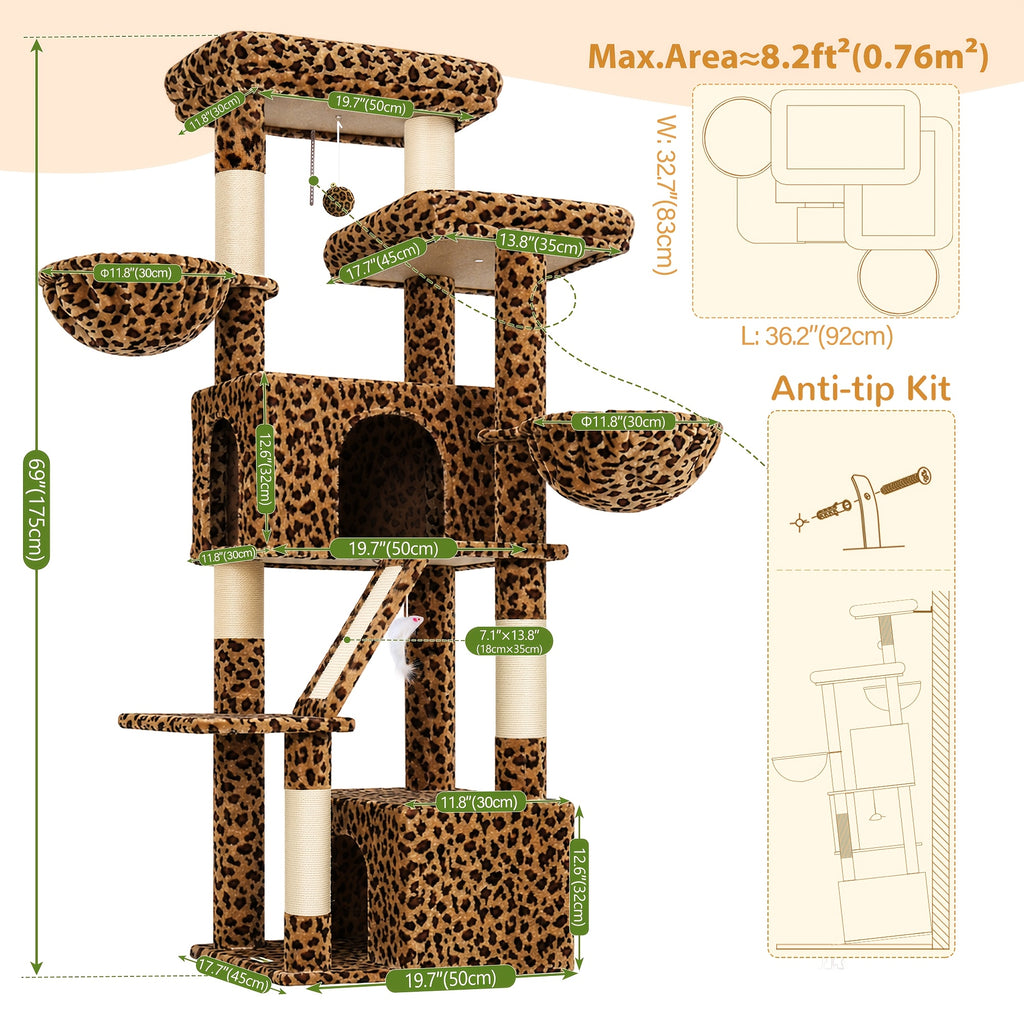Large Cat Tree with Hammock, 69 Inch Indoor Cat Tower with Spacious Platform, 5 Scratching Posts and Sisal Scratching Board for Adult Cats
