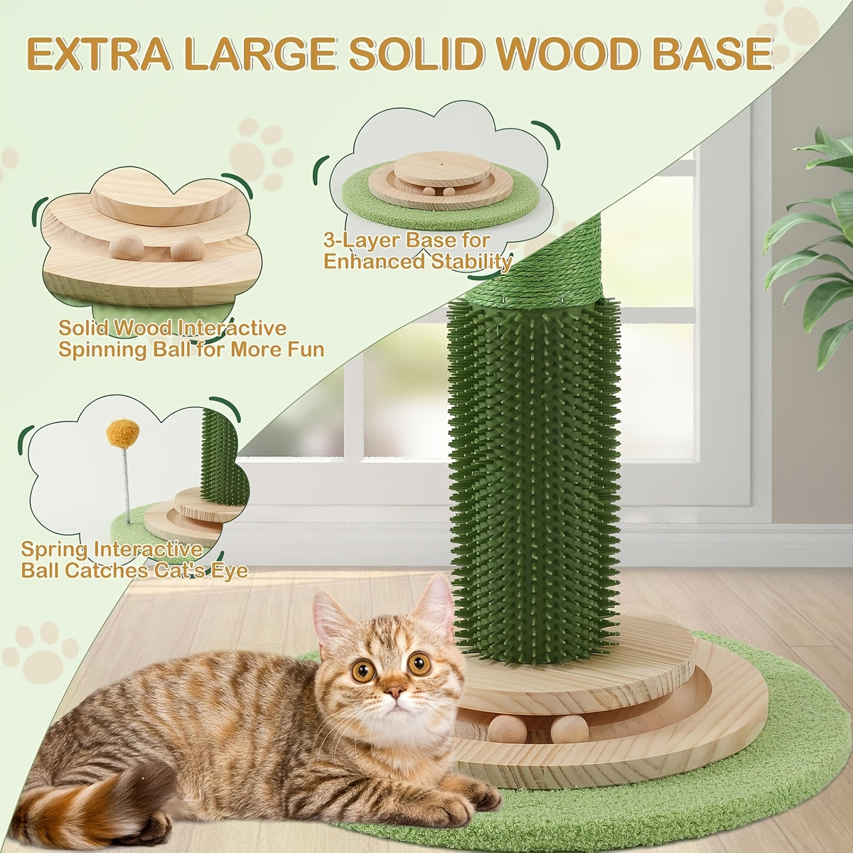 Orange Tree Cat Scratching Post with Detachable Teaser Wand, Green Tree and Orange Ball Cat Scratcher for Indoor Scratching and Interactive Play