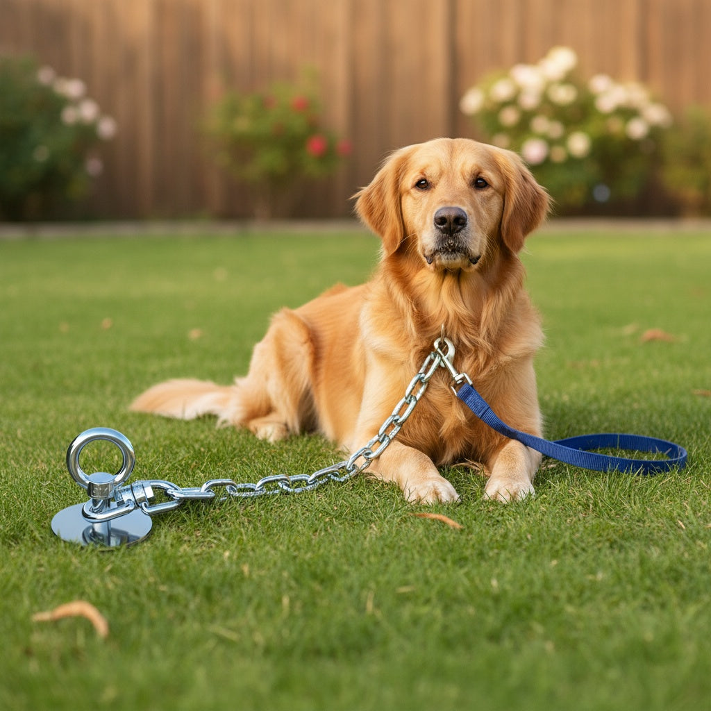 Dog Tie Out Stake in 304 Stainless Steel, 360° Swivel Ground Anchor for Supervised Yard and Camping Use with 15ft, 25ft or Pouch Options