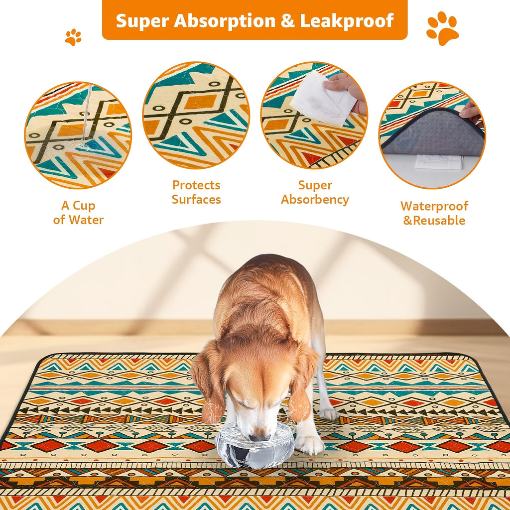 Dog Pee Pads with Retro Tribal Print, 2 Pack Washable Leakproof Puppy Training Mats with Non-Slip Backing for Crates, Playpens and Floors