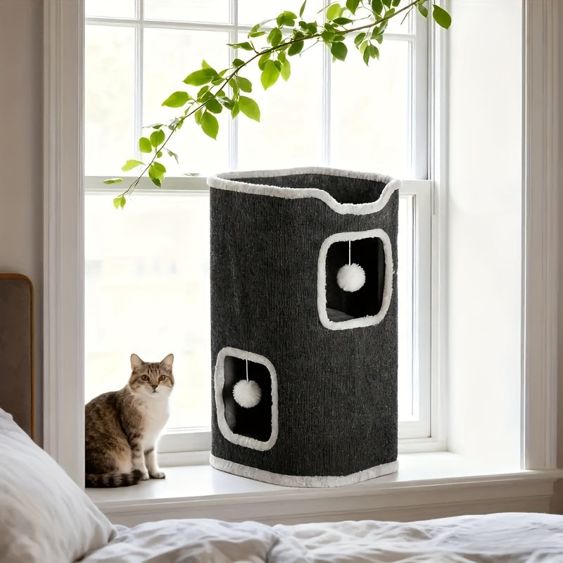 Cat Condo Tower with Foldable Design, Gray Indoor Cat Hideaway with Top Lounge, Detachable Panels and Scratching Surface, DC 13IN or 23IN-M Options