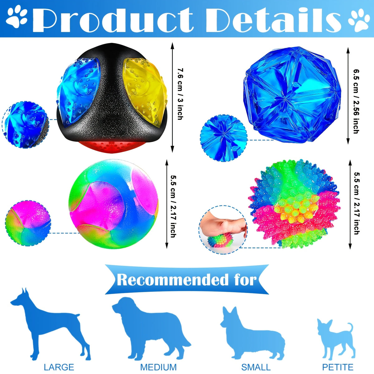 Light Up Dog Balls 4 Pack, Bounce-Activated Flashing LED Squeaky Toys with Spiny and Textured Designs for Supervised Fetch and Puppy Play