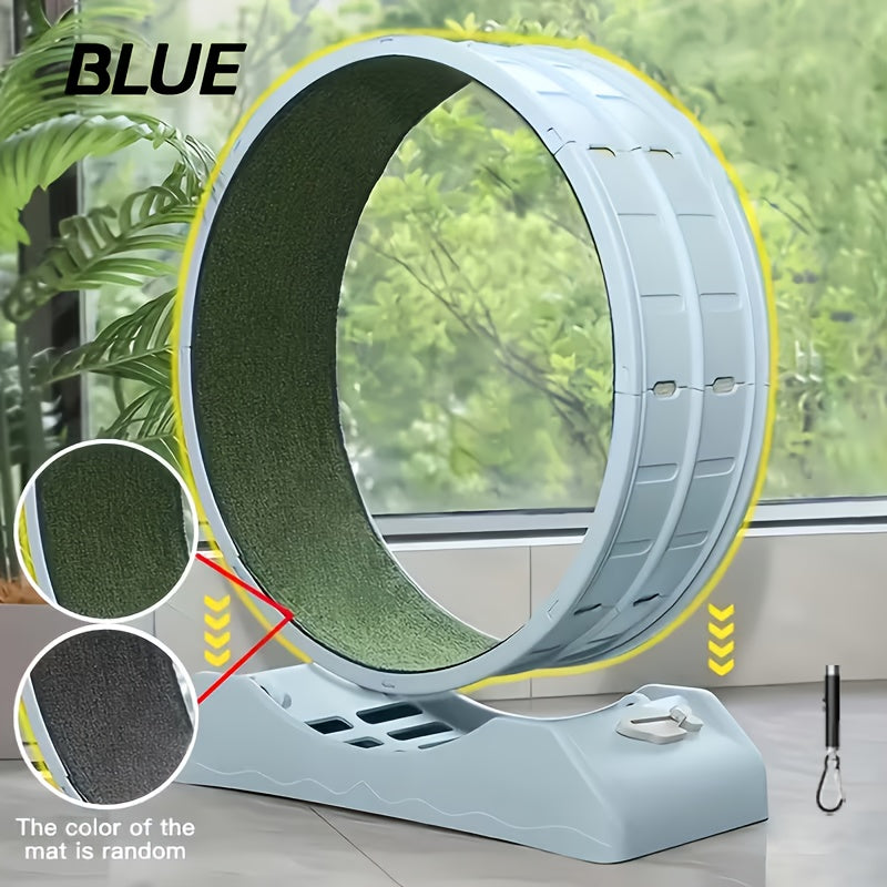 33 Inch Cat Exercise Wheel with Carpeted Runway, Plastic Indoor Cat Treadmill for Supervised Activity, Includes Whistle in Grey, Blue or Green