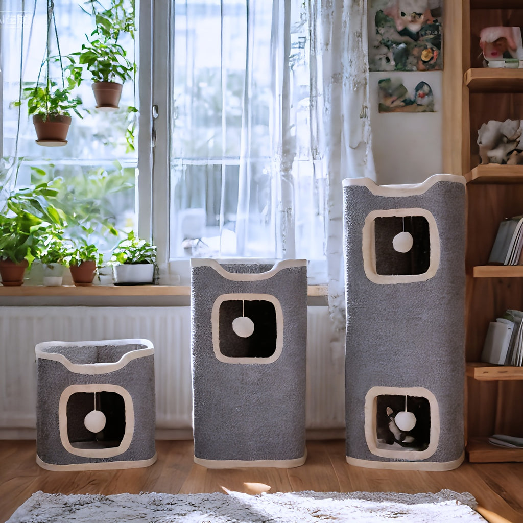 Cat Tree with Foldable Design for Indoor Cats, Cozy Top Bed and Hideaway, One to Three Level Cat Tower for Resting, Scratching and Play
