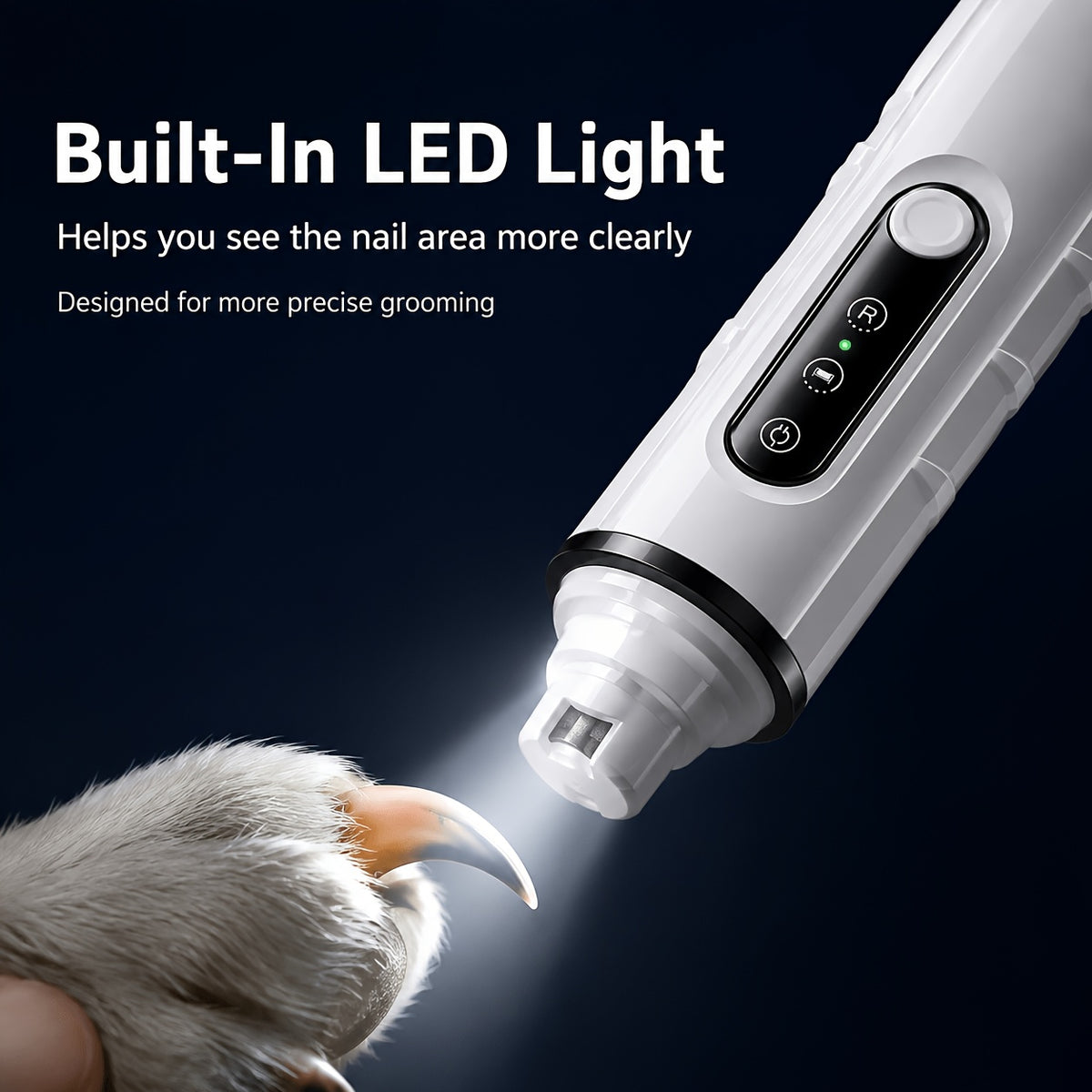 Dog Nail Grinder with Status Display, Rechargeable Low-Noise Electric Pet Nail File with LED Light and 3 Grinding Ports for Dogs and Cats