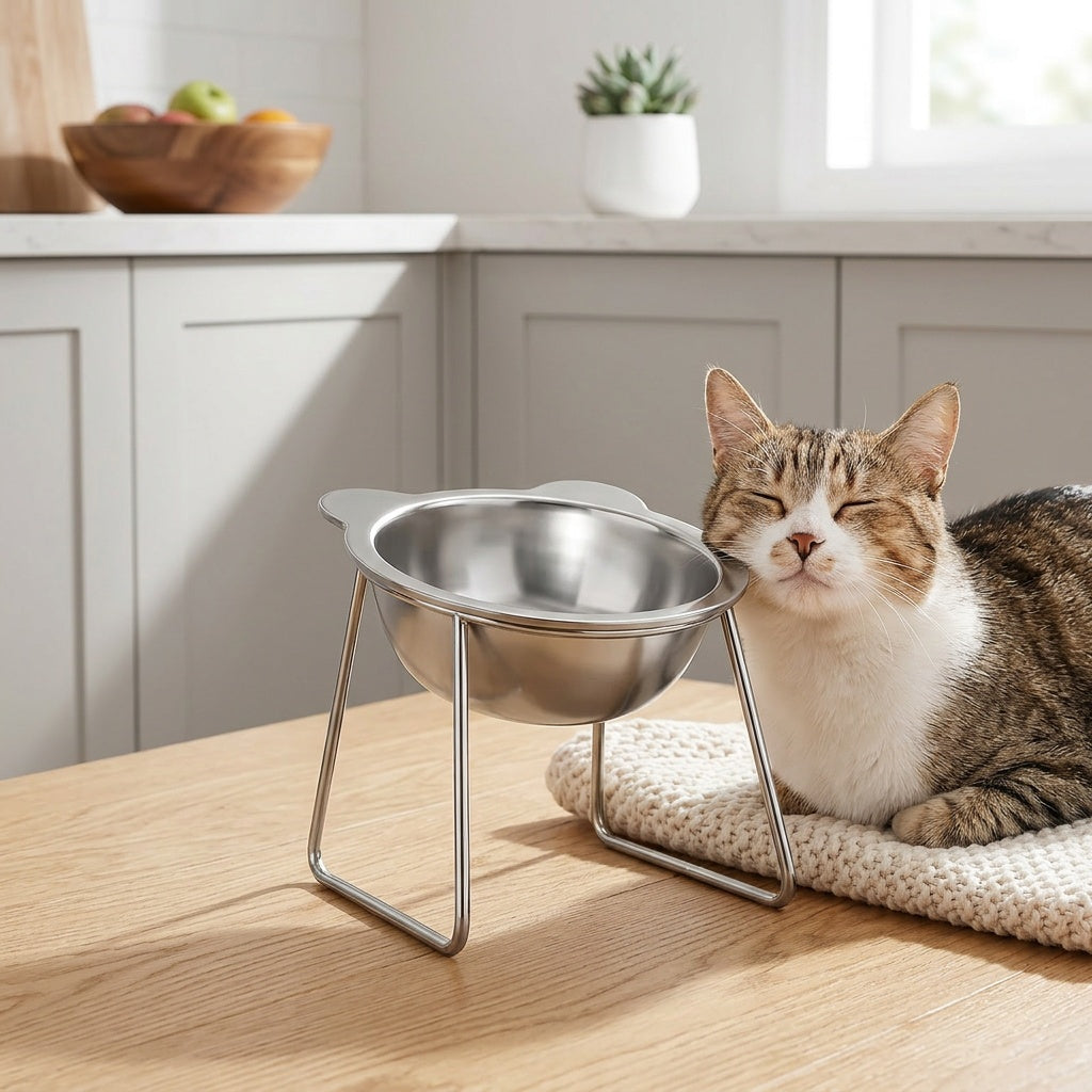 Tilted Cat Bowl with Metal Stand, 304 Stainless Steel Raised Feeding Dish with Cat-Ear Rim and 15 Degree Angle for Everyday Indoor Cat Meals