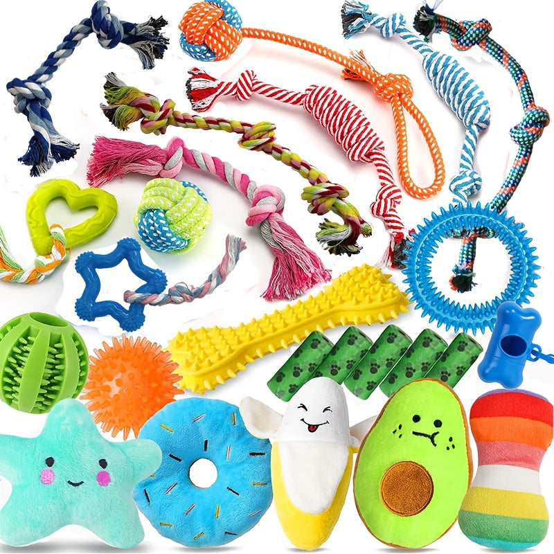 Puppy Chew Toys 25 Pack with Rope Toys, Squeaky Plush Toys, Rubber Toys, Treat Ball & Dog Bag Rolls, Teething Chew Toy Set for Small Dogs & Puppies, Bite-Resistant Ropes for Interactive Play
