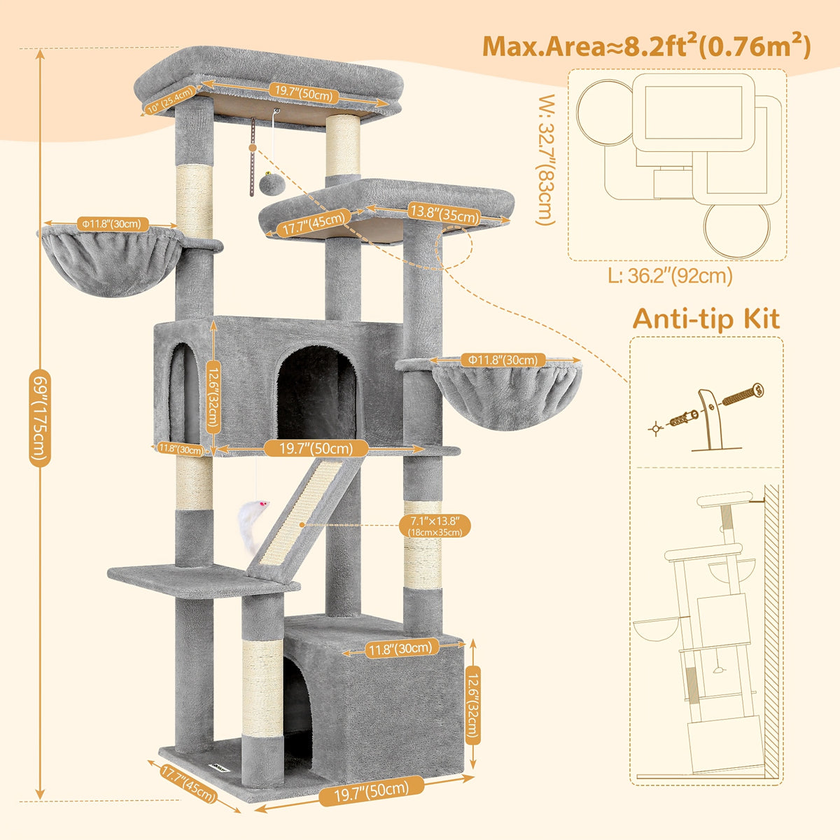 Large Cat Tree with Hammock, 69 Inch Indoor Cat Tower with Spacious Platform, 5 Scratching Posts and Sisal Scratching Board for Adult Cats