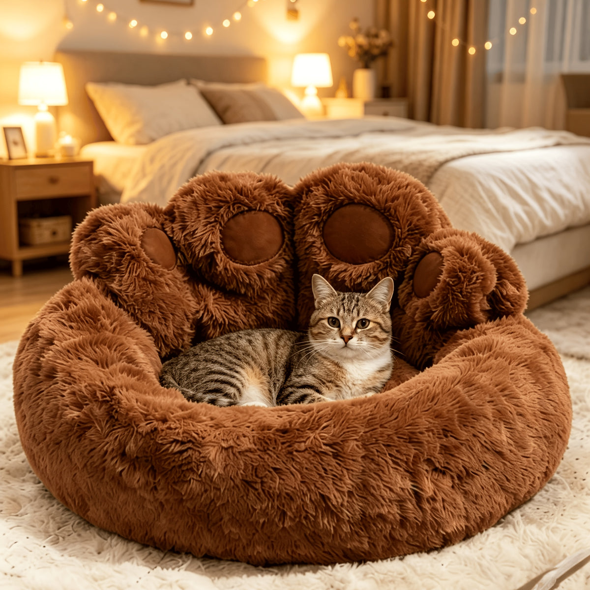 Faux Fur Pet Bed with Washable Bear Paw Design, Soft Plush Dog and Cat Sleeping Cushion with Non-Slip Bottom in Three Sizes and Colors