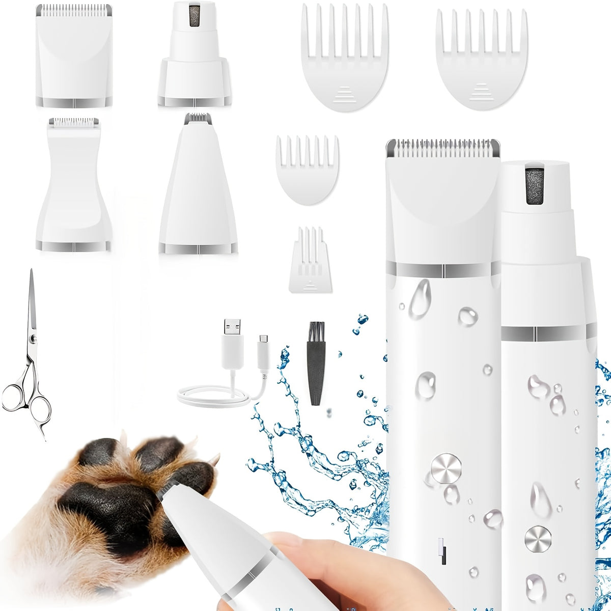 Dog Paw Trimmer and Nail Grinder Set, Rechargeable Cordless Low-Noise Pet Hair Clippers with Interchangeable Heads for Cats and Dogs