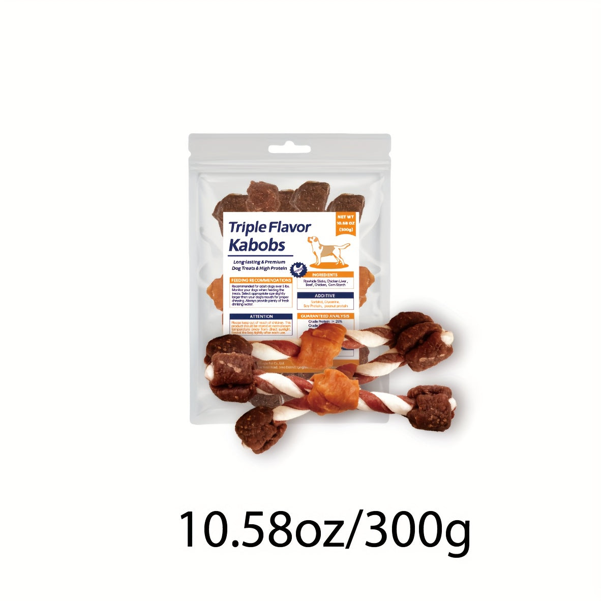 Dog Treat Kabobs with Rawhide, Beef, Chicken and Chicken Liver, Triple Flavor Chew Snacks for Supervised Treat Time in 100g to 900g Pack Options