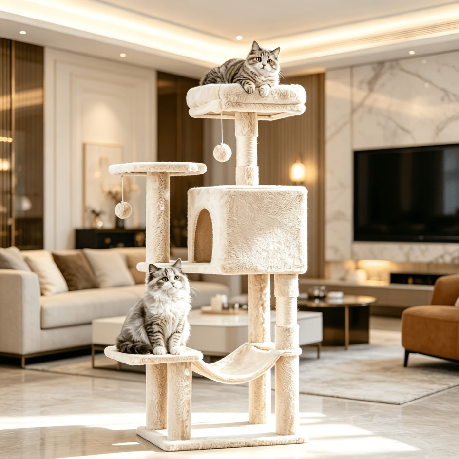 Cat Climbing Tower 44 Inch Multi-Level, Cat Activity Tree with Large Hammock, Enclosed Condo, Top Perch, Natural Sisal Scratch Posts and 2 Hanging Ball Toys for Multiple Cats