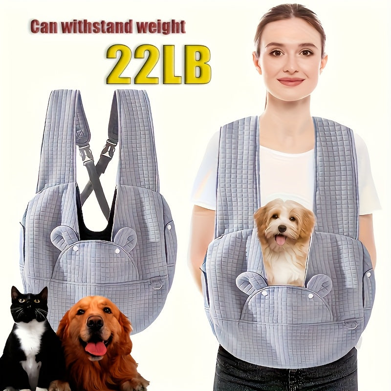 Front Dog Carrier Sling with Lined Winter Pet Pouch, Wide Shoulder Straps and Open-Top Design for Small Dog Outings, Grey Blue or Beige White