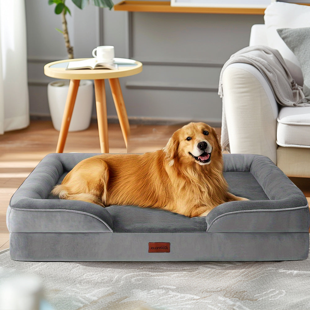 Orthopedic Bolster Dog Bed with Egg Crate Foam, Removable Washable Cover and Non-Slip Base, Gray Pet Sofa in 36, 42 and 48 Inch Sizes