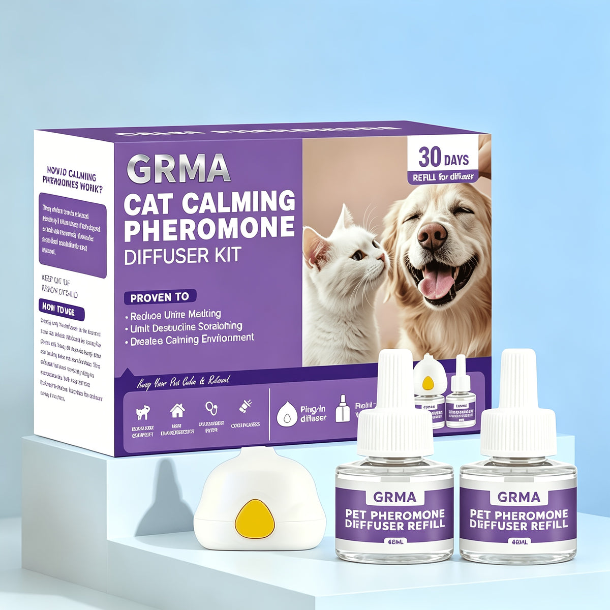 Pet Pheromone Diffuser Kit for Cats and Dogs, GRMA 3-in-1 Plug-In Set with One Diffuser and Two Liquid Refills for Indoor Home Pet Routines