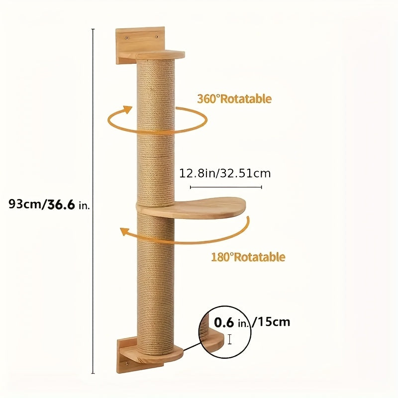 Wall Mounted Cat Scratching Post with Sisal Rope and Wooden Platform, Two-Stage Climbing Pole or Replacement Cat Bed Options for Indoor Cats