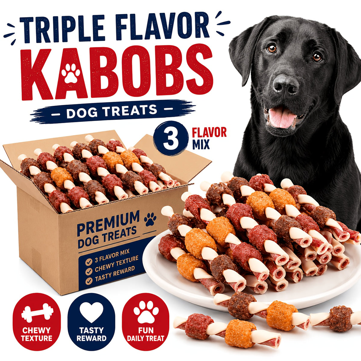 Dog Kabob Treats Triple Flavor Skewers, Mixed Meat Chew Snacks with Combination Pack Options for Supervised Rewards and Daily Treat Time