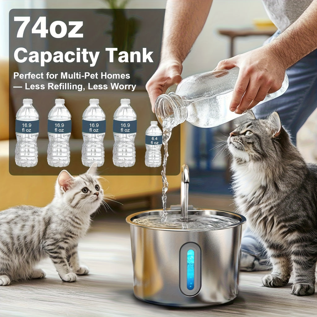 Cat Water Fountain with Filter and Sponge Bundles, 74oz 2.2L Stainless Steel Drinking Dispenser with Water Level Window for Indoor Cats and Small Dogs