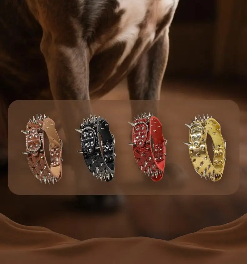 Spiked Dog Collar 2 Inch Wide with Adjustable Buckle, Leather-Like Statement Collar for Medium and Large Dogs, Four Colors in M to XXL Sizes