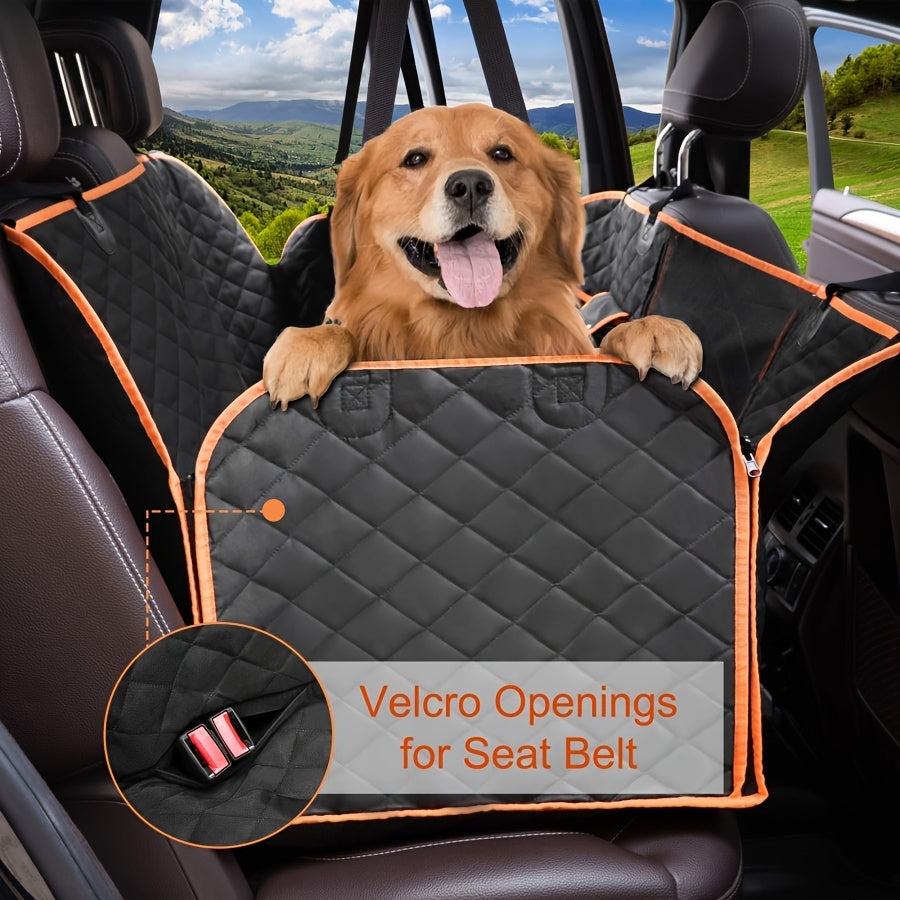 Heavy Duty Dog Car Seat Cover with Side Flaps, Non-Slip Nylon Backseat Protector with Orange Edge or Black Mesh Zipper Style for SUVs, Sedans and Trucks
