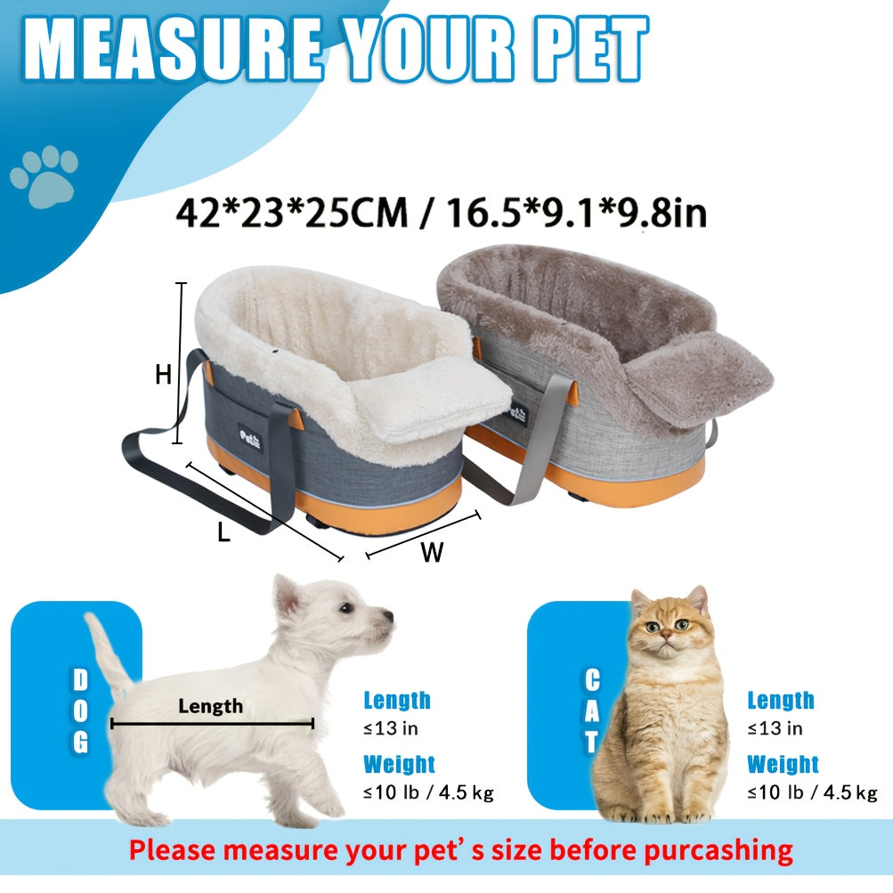 Center Console Dog Car Seat for Small Dogs and Cats up to 10 lbs, Plush-Lined Armrest Pet Travel Bag with Carry Straps, Khaki or Dark Gray