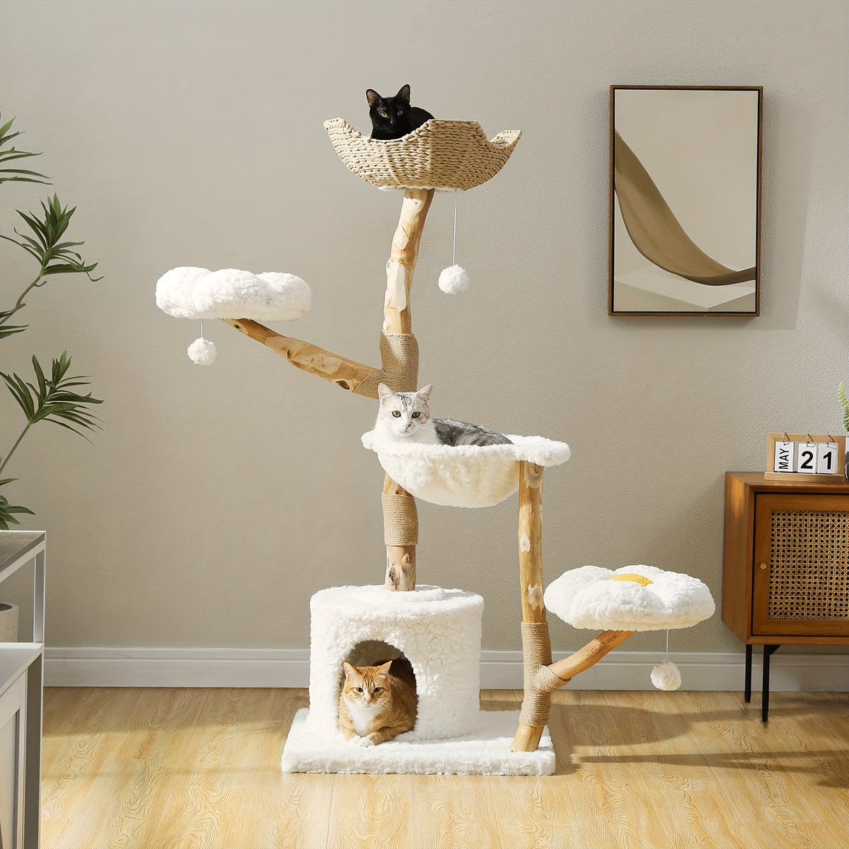 Flower Cat Tree with Floral Perches and Scratching Posts, Wooden Bohemian Indoor Cat Tower Furniture in White and Brown Style Options