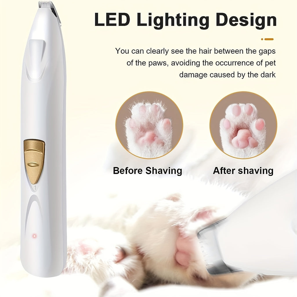 Dog Paw Hair Trimmer with LED Light, White USB Rechargeable Low-Noise Mini Pet Clippers with Narrow Head for Dog and Cat Grooming Touch-Ups