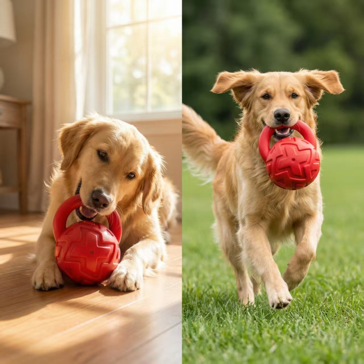 Kettlebell Squeaky Dog Toy with Loop Handle, Red Textured Vinyl Sound-Making Pet Toy for Supervised Fetch, Carry Games and Interactive Play