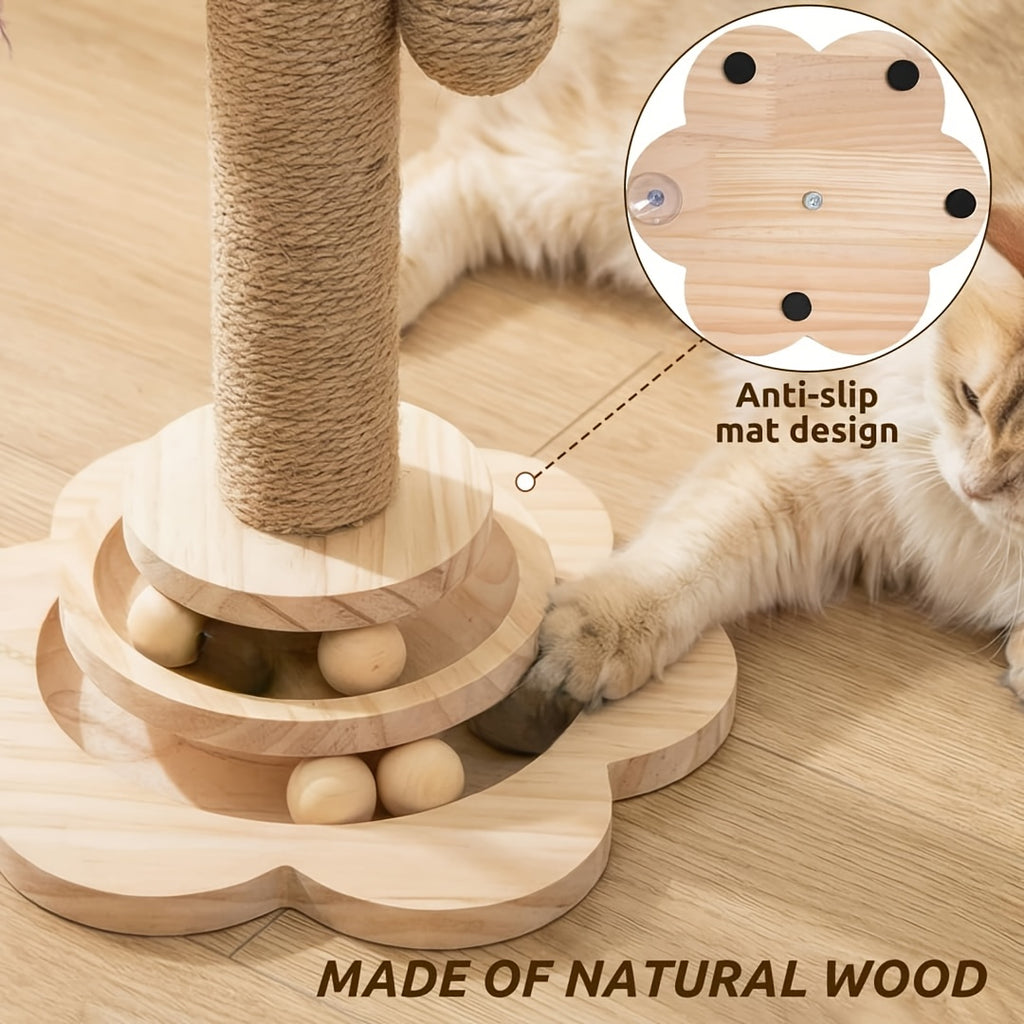 Kitten Scratching Post with Wooden Ball Track, Rope-Wrapped Indoor Cat Activity Toy with Hanging Balls and Feather Teaser, Post and DIY Accessory Options