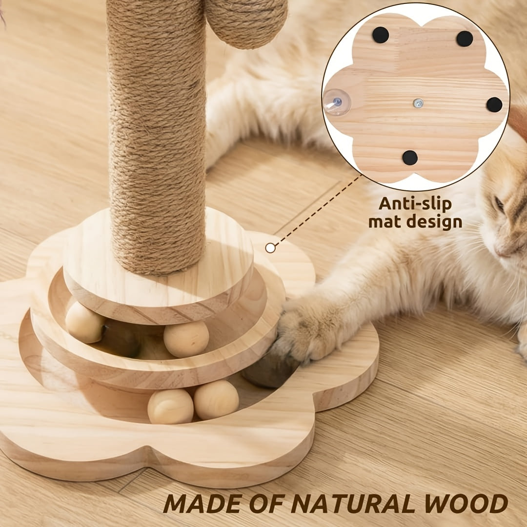 Kitten Scratching Post with Wooden Ball Track, Rope-Wrapped Indoor Cat Activity Toy with Hanging Balls and Feather Teaser, Post and DIY Accessory Options