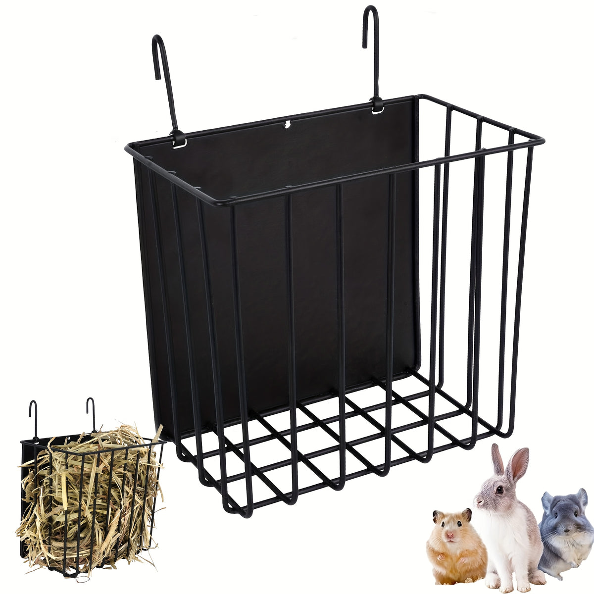 Rabbit Hay Feeder with Hanging Metal Rack, Black Powder-Coated No-Drill Cage Organizer for Guinea Pigs and Chinchillas, Space-Saving Hay Basket
